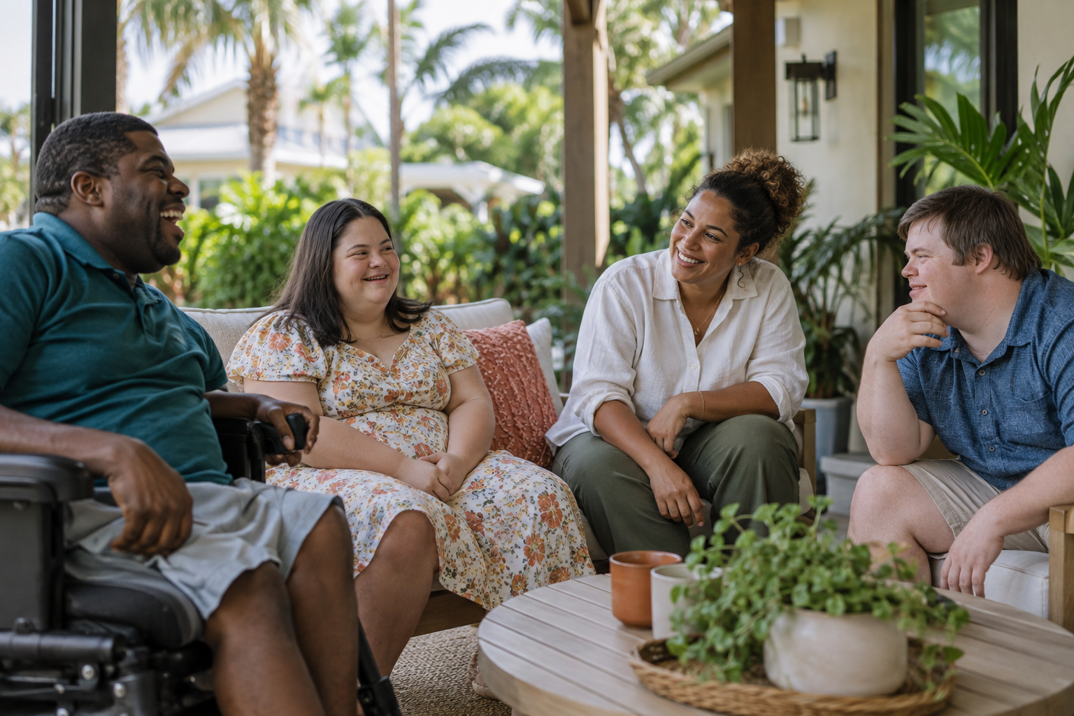 Adults and support professionals spending time together on a welcoming patio